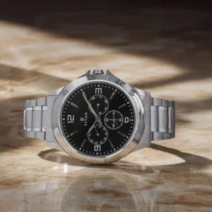 Titan Quartz Multifunction Black Dial Stainless Steel Strap Watch for Men