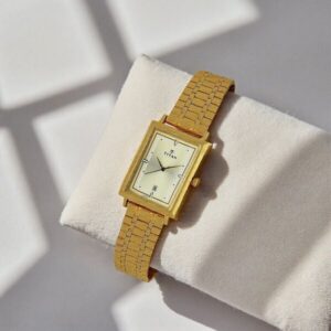 Titan Quartz Analog with Date Champagne Dial Golden Stainless Steel Strap Rectangular Shaped Watch For Men