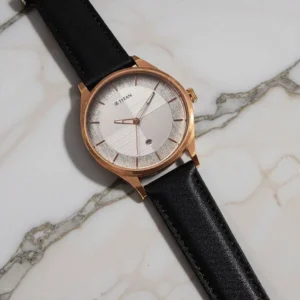 Titan Neo Economy Quartz Analog with Date Silver Dial Black Leather Strap Watch For Men