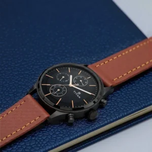 Titan Workwear Multifunction Black Dial Brown Leather Strap Watch For Men