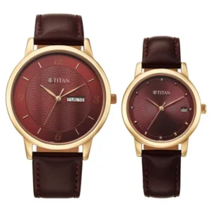 Titan Bandhan Eternal Pair Analog with Date and Maroon Dial Maroon Leather Strap Watch for Couples