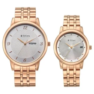 Titan Bandhan Eternal Pair Analog with Date and Silver Dial Rose Gold Stainless Steel Strap Watch for Couples