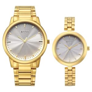 Titan Bandhan Eternal Pair Analog with Silver Dial Yellow Gold Stainless Steel Strap Watch for Couples