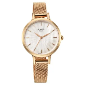 Titan Raga Power Pearls Quartz Analog Mother of Pearl Dial Rose Gold Metal Strap Watch For Women