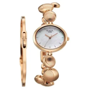 Titan Raga Power Pearls Quartz Analog Mother of Pearl Round Shaped Dial Rose Gold Metal Strap Watch For Women