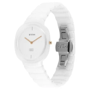Titan Edge Squircle Quartz Analog White Dial Ceramic Strap Watch For Women