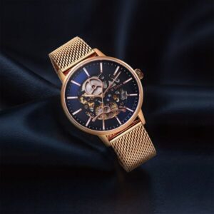 Titan Mechanical Slimline Blue Dial Rose Golden Mesh Strap watch for Men