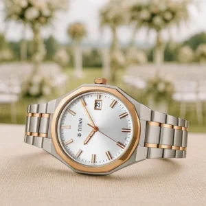 Titan Regalia Dodecagon Quartz Analog with Date Silver Dial Two Toned Stainless Steel Strap Watch For Men