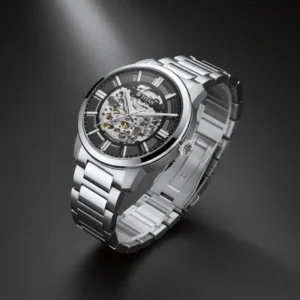 Titan See-Through Skeletal Automatic Analog with Black Dial Silver Stainless Steel Strap Watch for Men