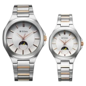 Titan Bandhan Quartz Analog Sun-Moon Silver Dial Two Toned Stainless Steel Strap Watch For Couple