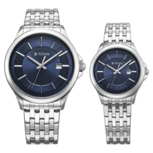 Titan Bandhan Quartz Analog with Date Blue Dial Silver Stainless Steel Strap Watch For Couple