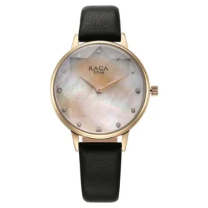 Titan Raga Showstopper Quartz Analog Mother Of Pearl Round Dial Black Leather Strap Watch For Women