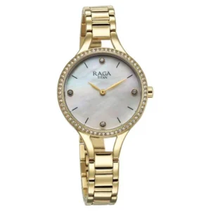 Titan Raga Showstopper Quartz Analog Mother Of Pearl Round Dial Golden Metal Strap Watch For Women