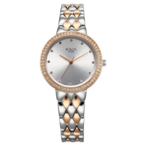 Titan Raga Showstopper Quartz Analog Silver Round Dial Two Toned Metal Strap Watch For Women