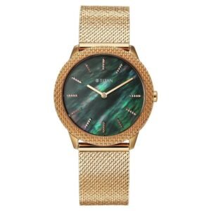 Titan Glamour Quartz Analog Green Mother Of Pearl Dial Rose Gold Stainless Steel Strap Watch For Women